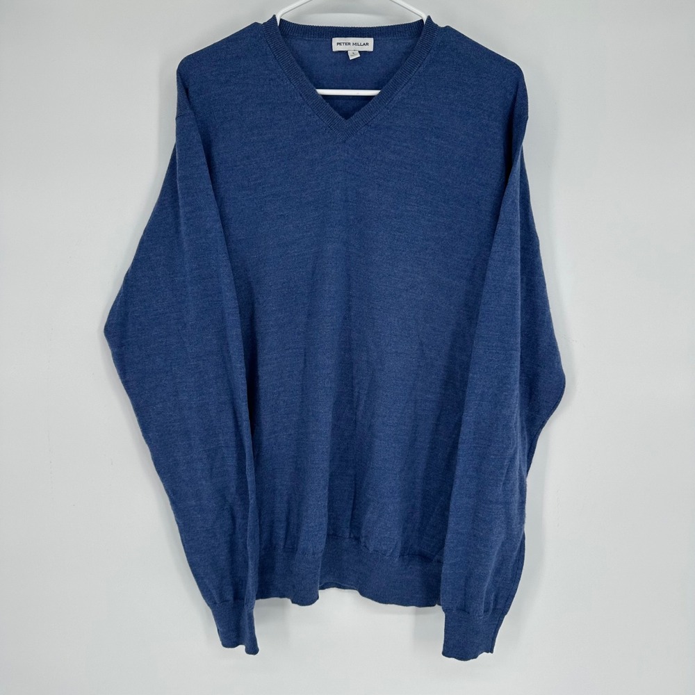 Peter Millar Mens Blue Merino Wool Lyocell V-Neck Sweater MF23S02 Size L